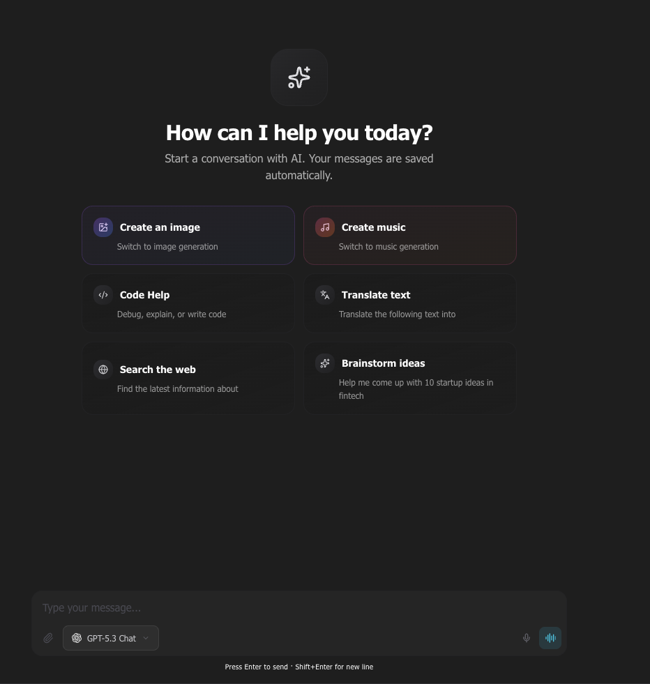 Adraa Chat — welcome screen with quick-start cards